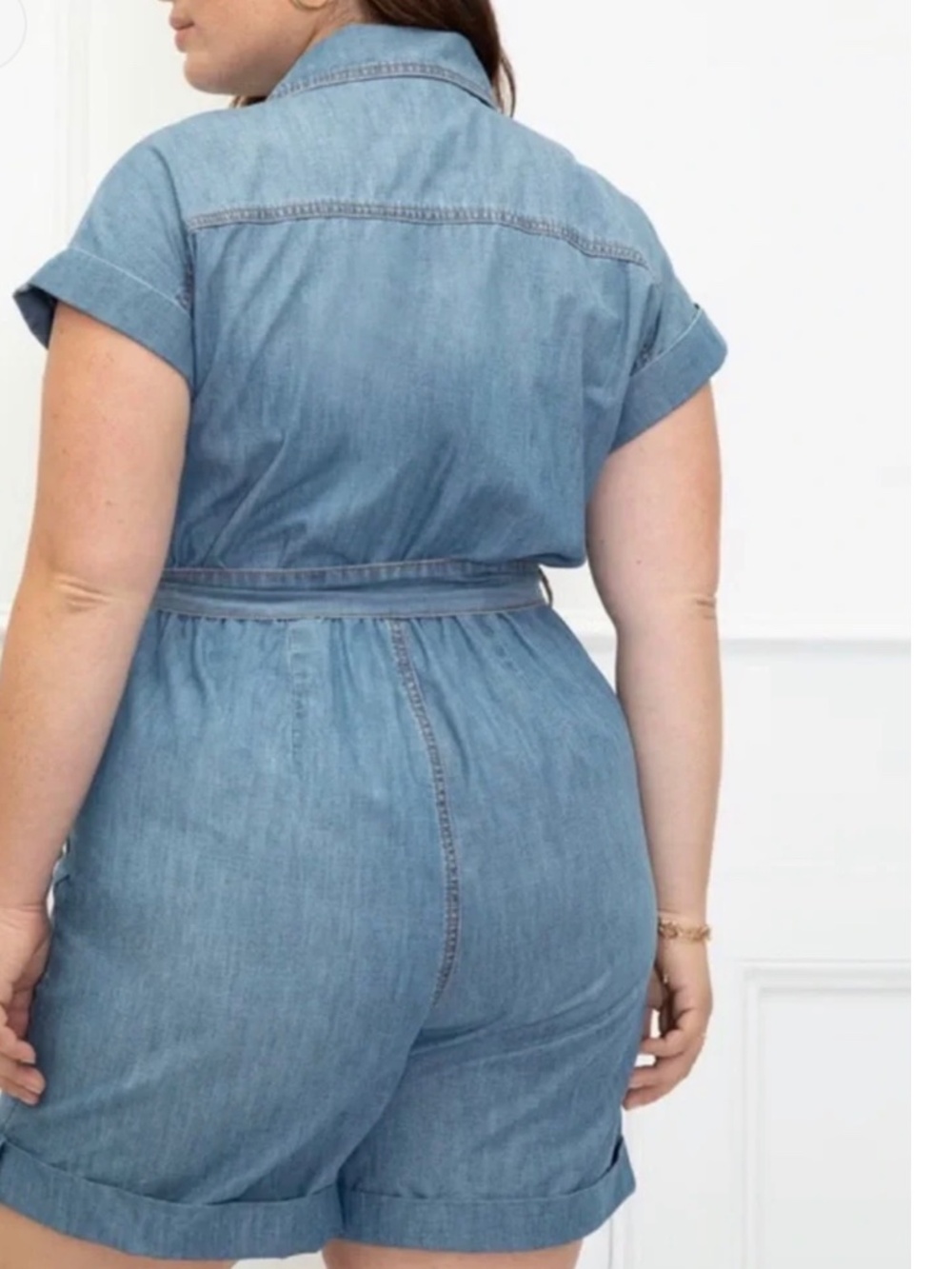Eloquii Elements Lightweight Denim Belted Shorts Romper Short Sleeve Size 20 - Picture 2 of 10